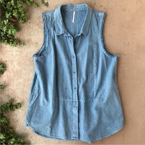 Free People Denim Chambray Linen/Cotton Oversize Tunic Button Vest Shirt, Size M